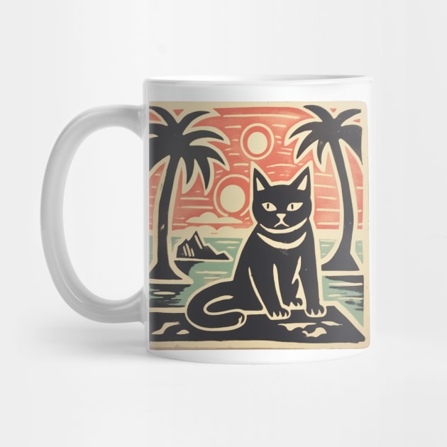 Black Cat Lino Cut Hawaiian Sunset by Kona Cat Creationz